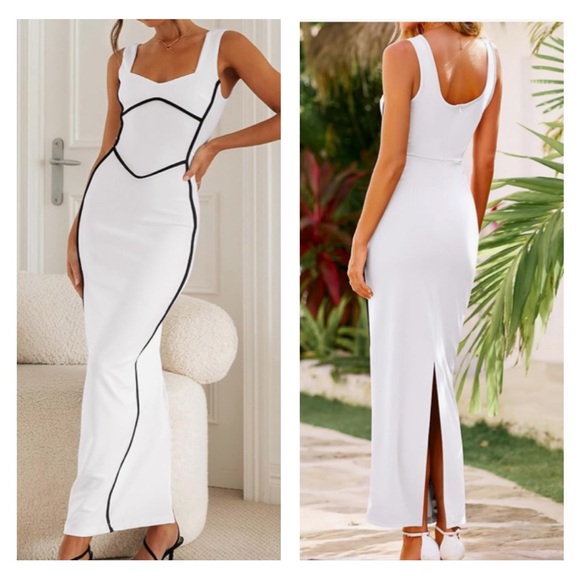 White & Black Sleeveless Square Neck BodyCon Maxi Dress - Picture 2 of 2